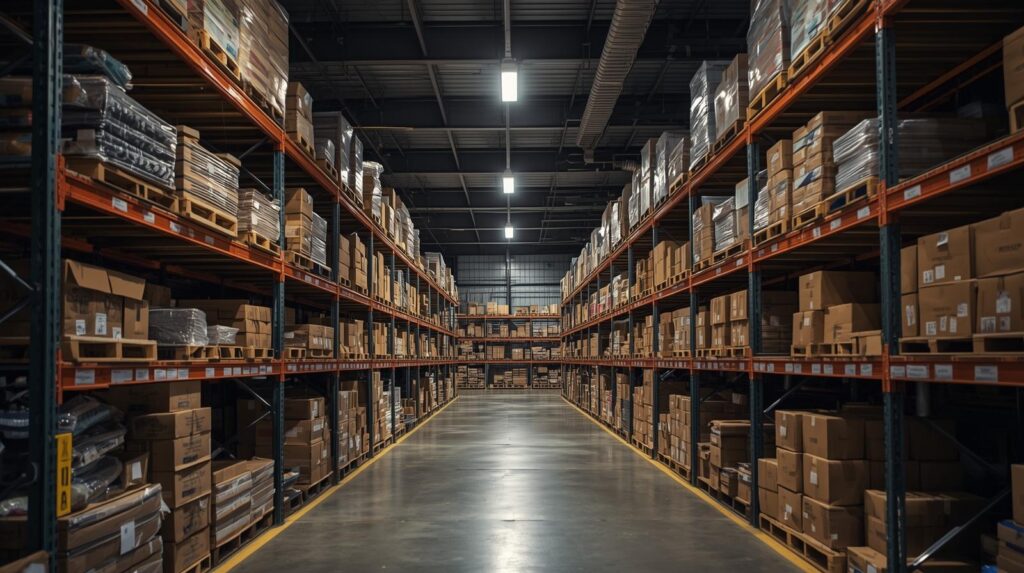 erstelle mir ein bild, welches folgendes darstellt_ lager mit fachbodenregal, gefüllt. das Lager soll nicht sehr gross erscheinen